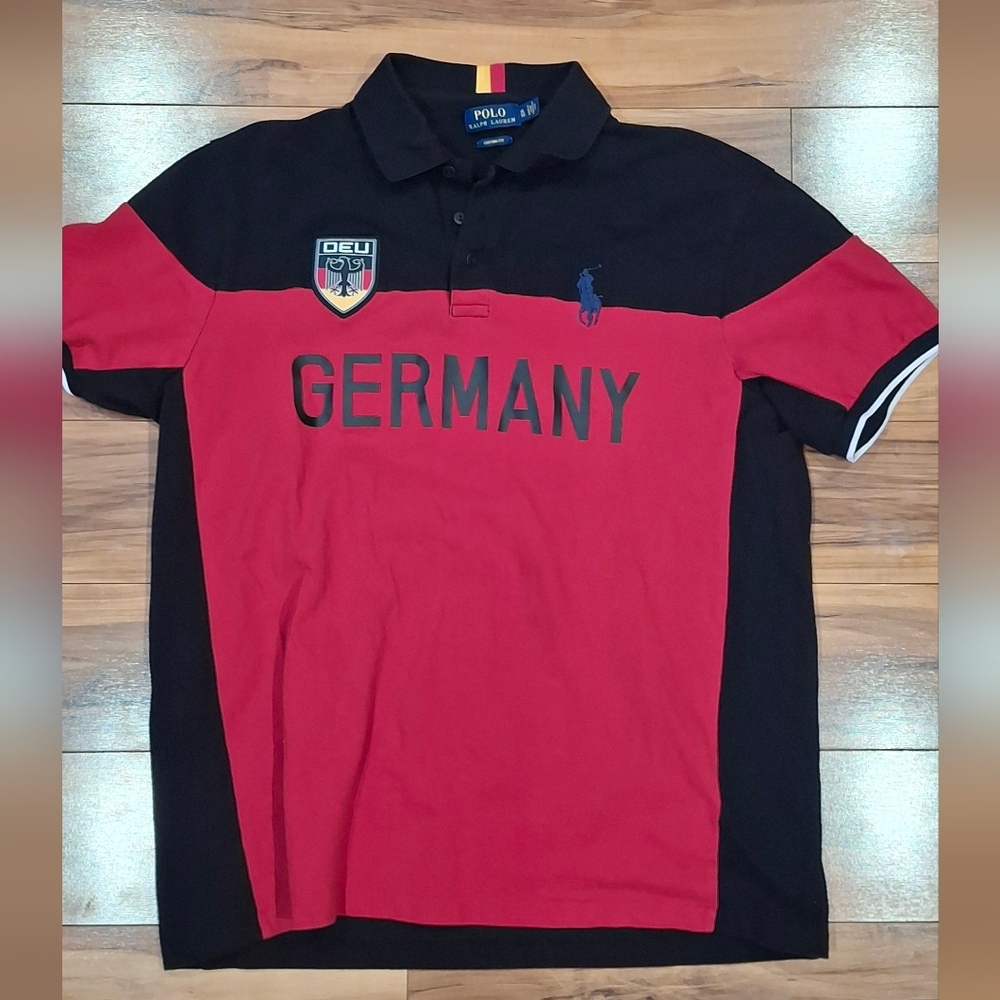 Polo by Ralph Lauren Men's Black and Red Germany Polo Shirt CUSTOM FIT XL
